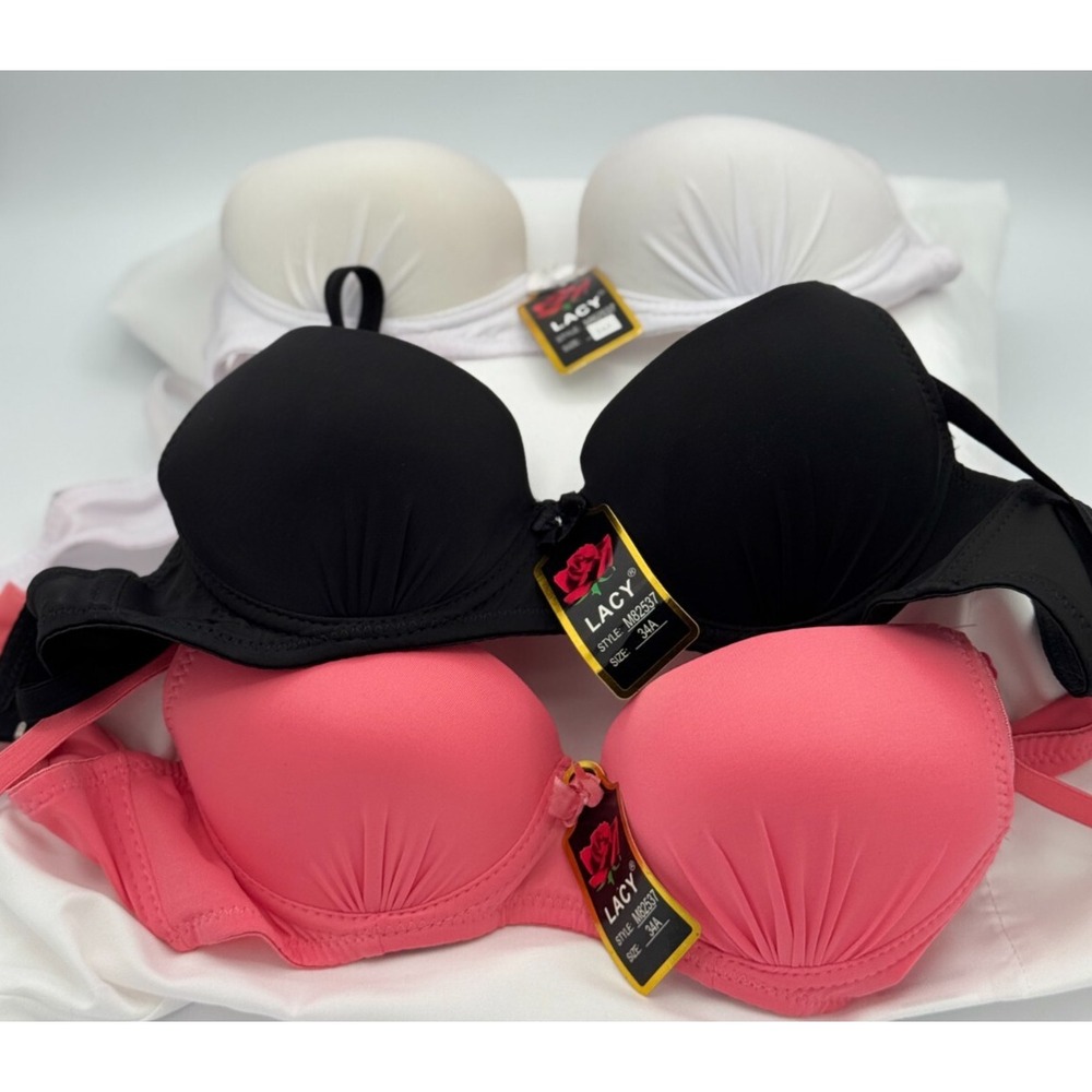 (3) LACY Brand  34A Bra - Style 82537- Wire - Padded -Pink/BL/WH - New With Tags